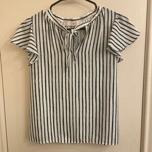 LOFT White W/ Green Stripes front tie Blouse Size Petite XSP